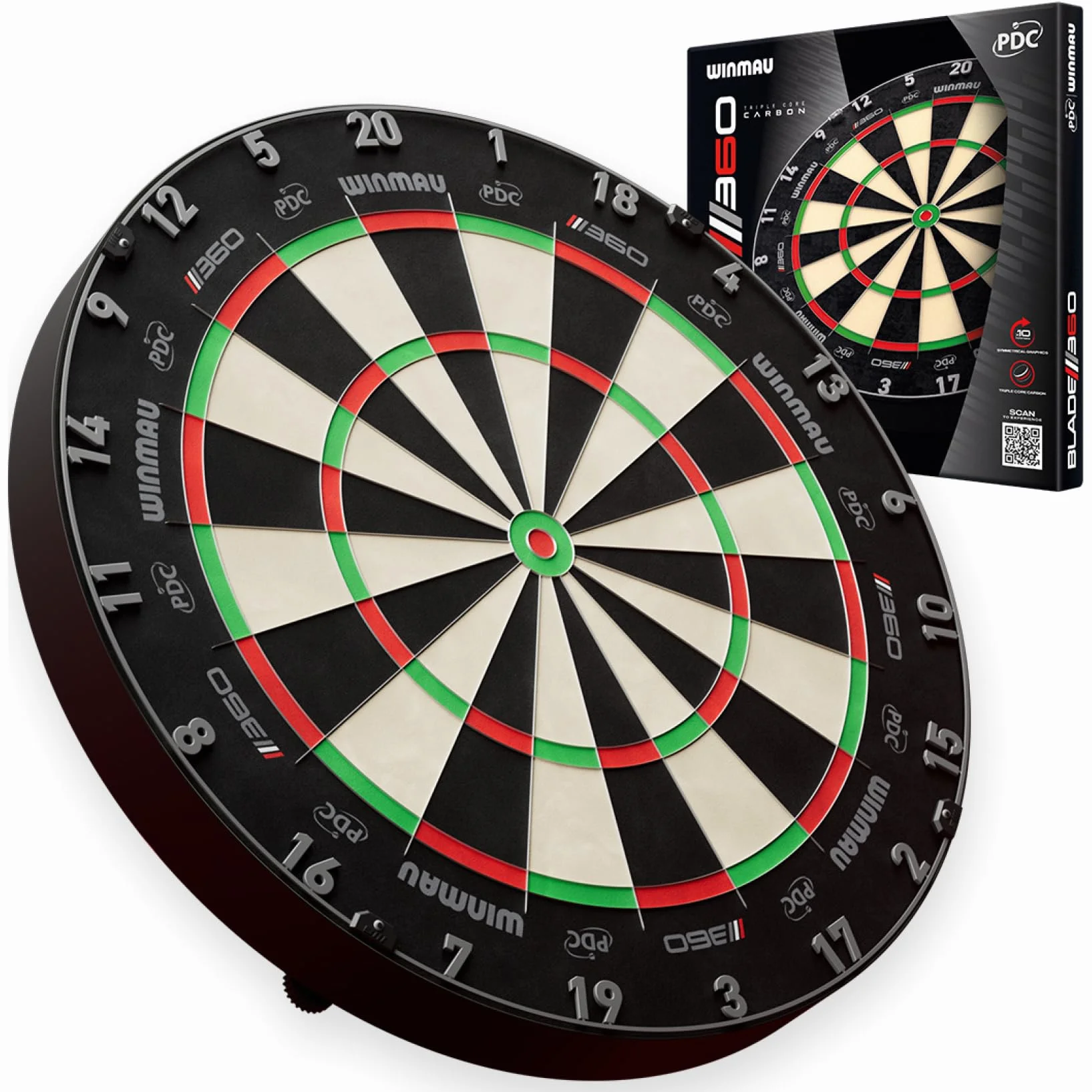 WINMAU Blade 360 Triple Core Carbon Dartboard Set – Include il Dartboard Blade 360 con 2 set di freccette da 19g con punta in acciaio (1 set nero e 1 set rosso), scheda di finish e altro