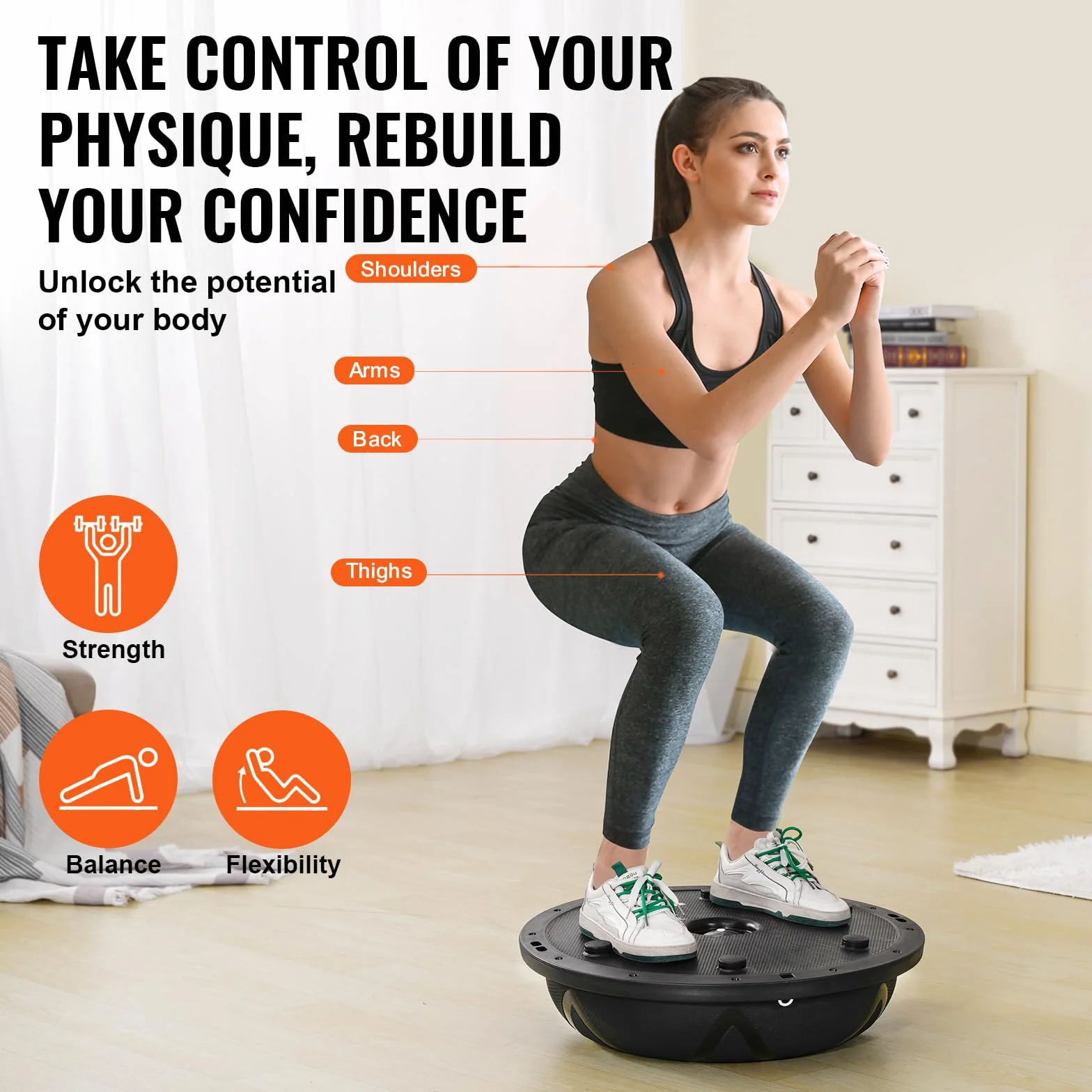 VEVOR Mezzo Allenatore Palla Capacità Portante 300 kg, per Esercizi, Equilibrio, Stabilità Palla Yoga Fitness con Fasce di Resistenza Pompa a Pedale, Allenamento Corpo di Palestra Casa, 58 cm Nero