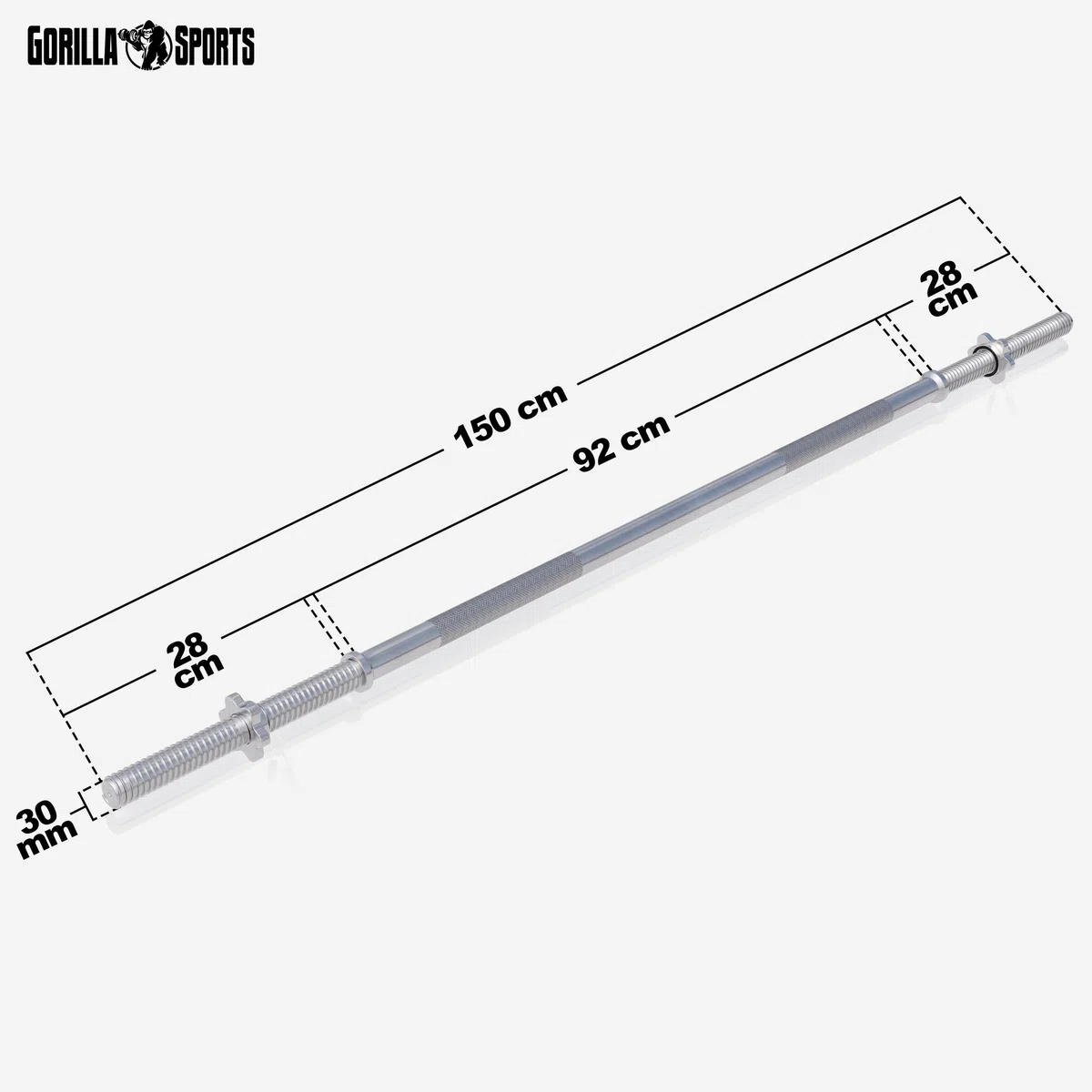 GORILLA SPORTS Barra per bilanciere lunga, diametro: 30 mm, lunghezza: 150 cm, 180 cm, 200 cm, con 2 chiusure a stella, portata massima: 200 kg, cromata, barra per manubrio lunga