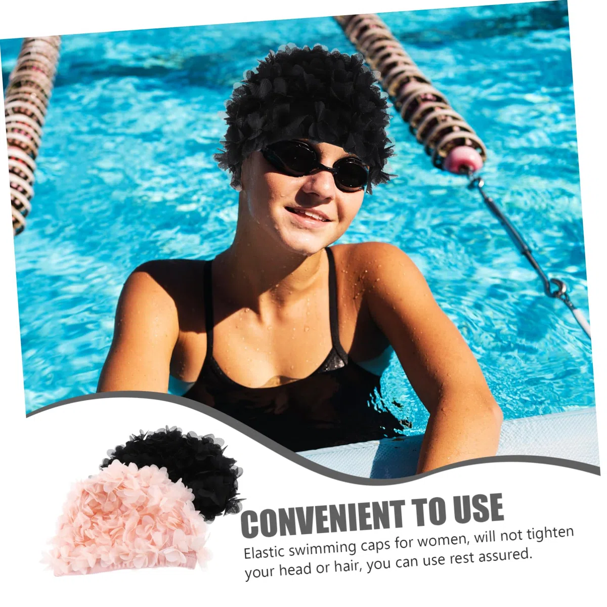 Cuffie da Nuoto Elastiche Floreali 2 Pezzi in Nylon Rosa Nero | Cuffie da Nuoto per Donne, Stile Leggero e Flessibile, Atmosfera Estiva