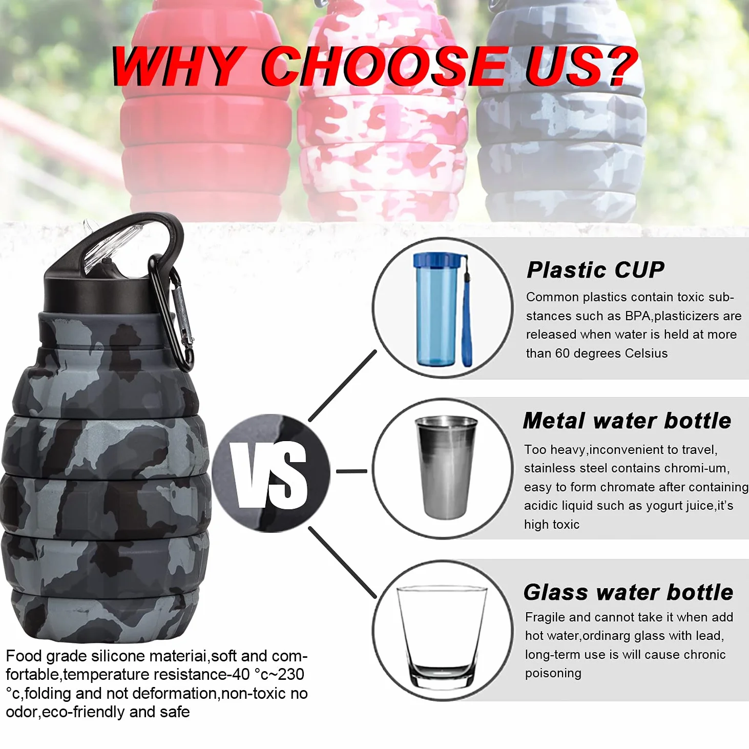 Borraccia da Viaggio Pieghevole 20 oz, Borraccia Riutilizzabile Senza BPA In Silicone Pieghevole Per Palestra Campeggio Escursionismo, Borracce Sportiva Portatile A Prova Di Perdite Con Moschettone