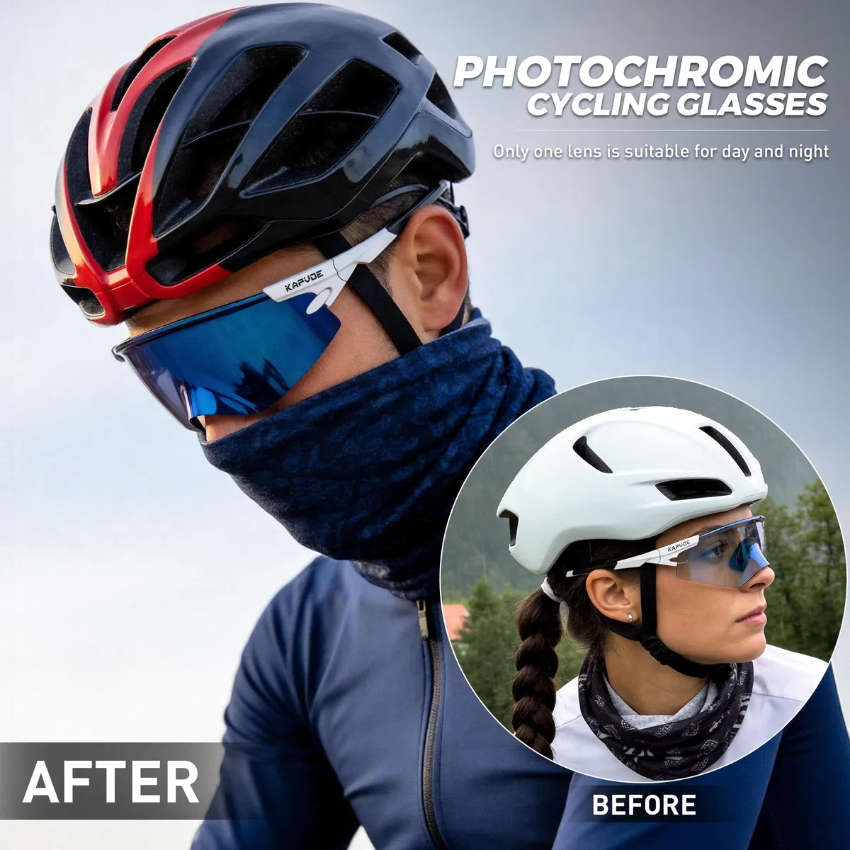 KAPVOE K410 Occhiali da Ciclismo Fotocromatici & Alta Definizione Unisex, Montatura TR90, Lenti UV400, Astine Regolabili, Include Borsa per Bicicletta, Occhiali Sportivi per MTB e Attività Outdoor