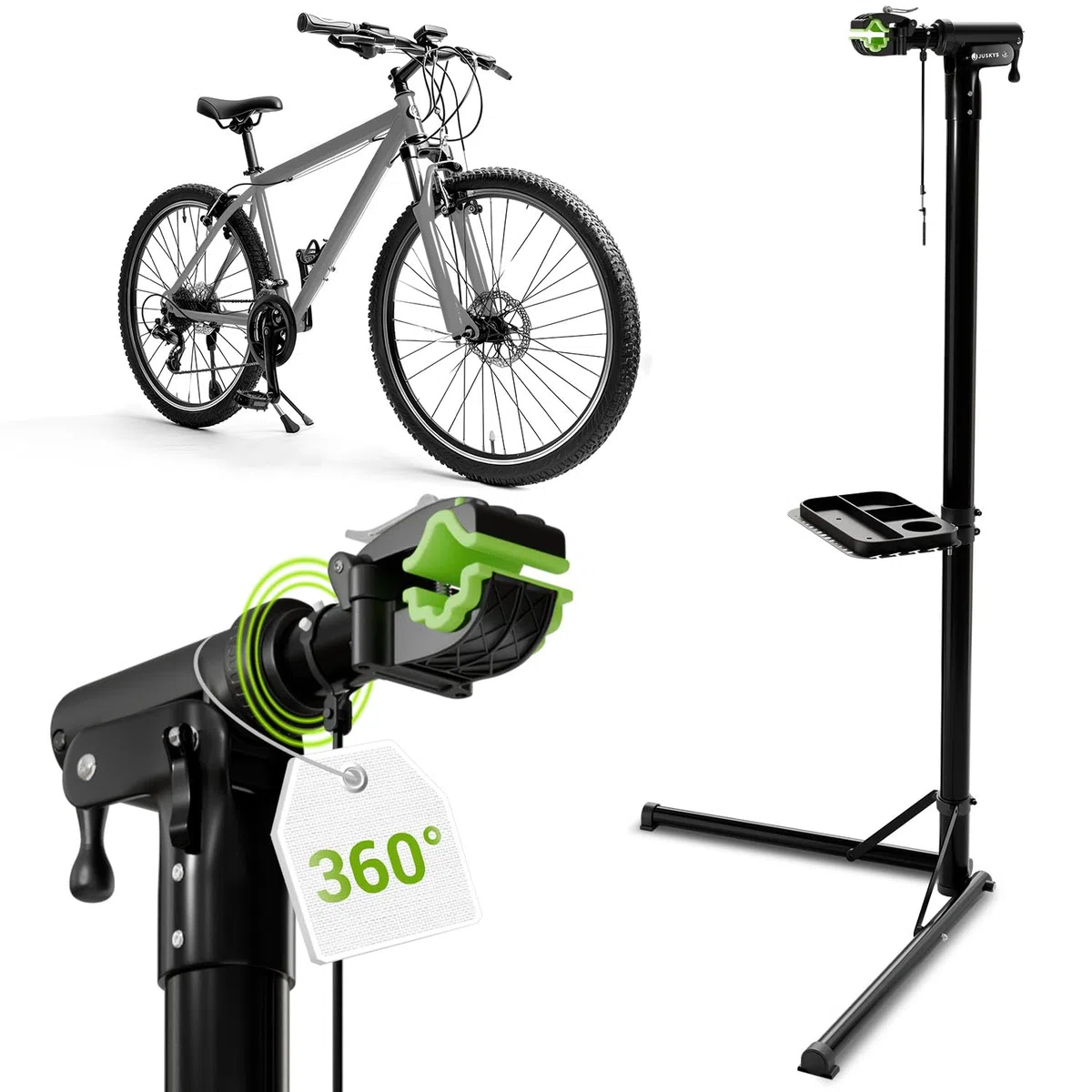 Juskys Cavalletto pieghevole per riparazione bici - Supporto regolabile in altezza con rivestimento in gomma e vassoio portautensili - Per biciclette fino a 50 kg