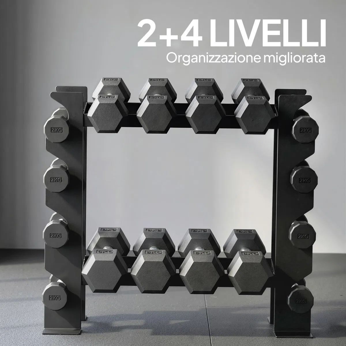 SPORTNOW Porta Pesi Palestra Casa a 4 Ripiani, Rastrelliera Manubri in Acciaio, Supporto per Manubri e Kettlebell, Salvaspazio per Palestra Domestica, Capacità 200 Kg, Nero