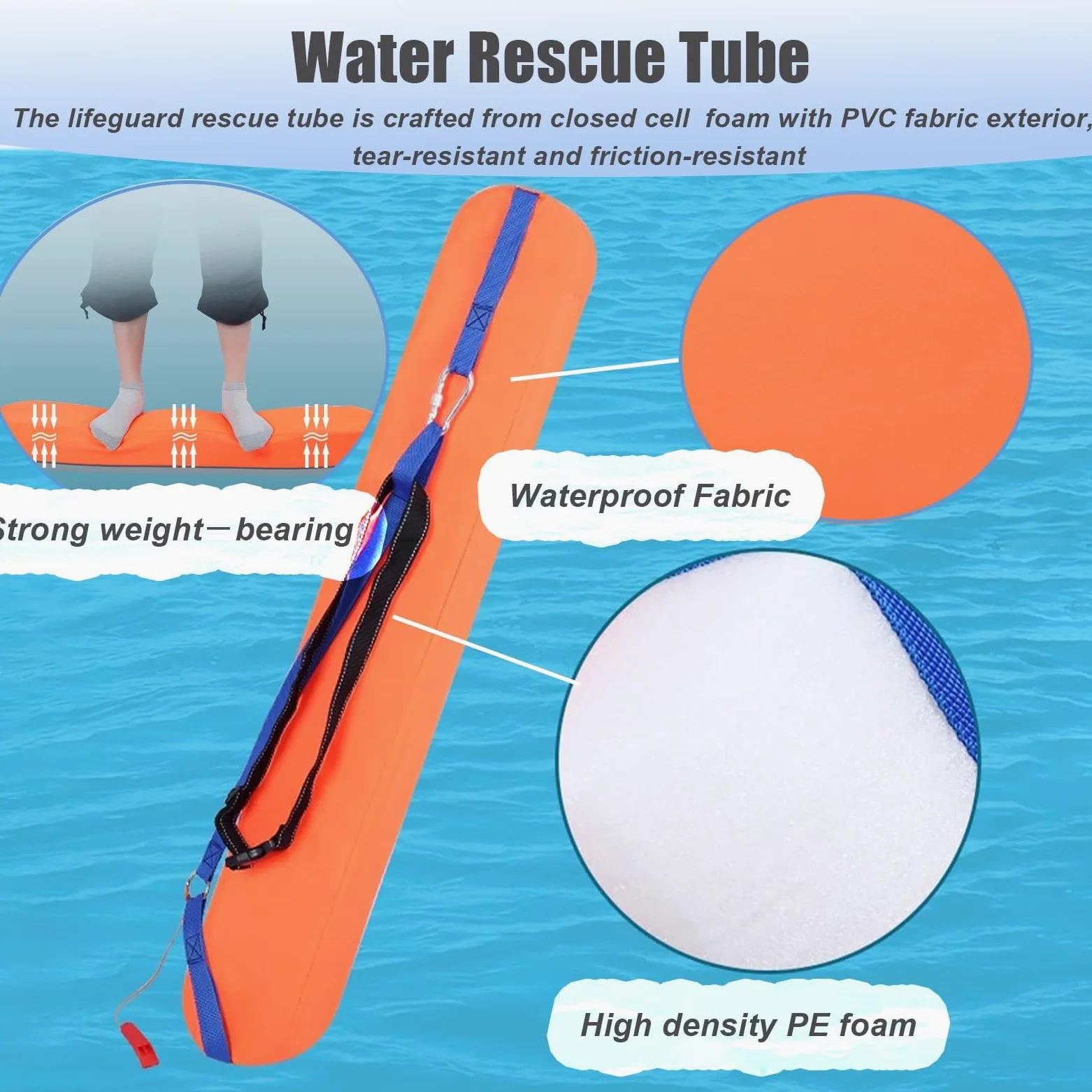 Confezione da 2 tubi di salvataggio per bagnini per adulti, attrezzatura di sicurezza per piscina con fischietto, 122,9 x 15 cm, per salvataggio in acqua all'aperto