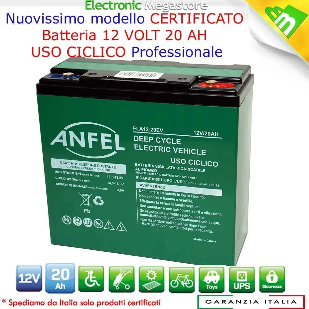 BATTERIA RICARICABILE AL PIOMBO 12V 20AH DEEP CYCLE CICLICA PER BICI BICICLETTE ELETTRICHE SCOOTER CARROZZINE ELETTRICHE 6DZM20 6-DZM-20 USO CICLICO CARRELLI ELETTRICI MOTORI TRAZIONE ELETTRICA