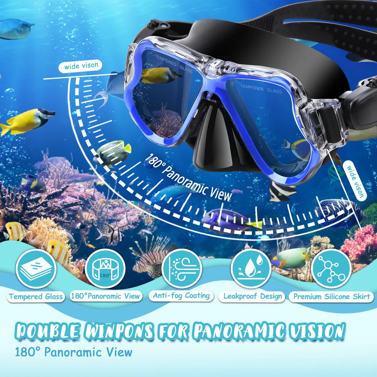 Set da snorkeling 4 in 1 per bambini, vista panoramica, maschera anti-appannamento, pinne Dry Top, con borsa da viaggio, attrezzatura per snorkeling per bambini, nuoto e immersioni