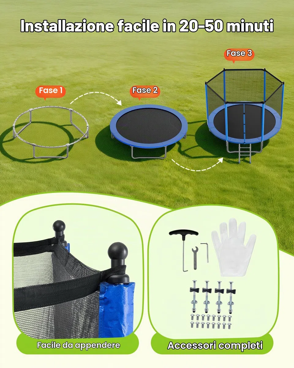 VEVOR Trampolino da Esterno 305 x 305 cm con Rete di Sicurezza e Telaio in Acciaio, Omologato ASTM, per Carichi Pesanti, Capacità Massima di 150 kg, Trampolino da Giardino per Bambini