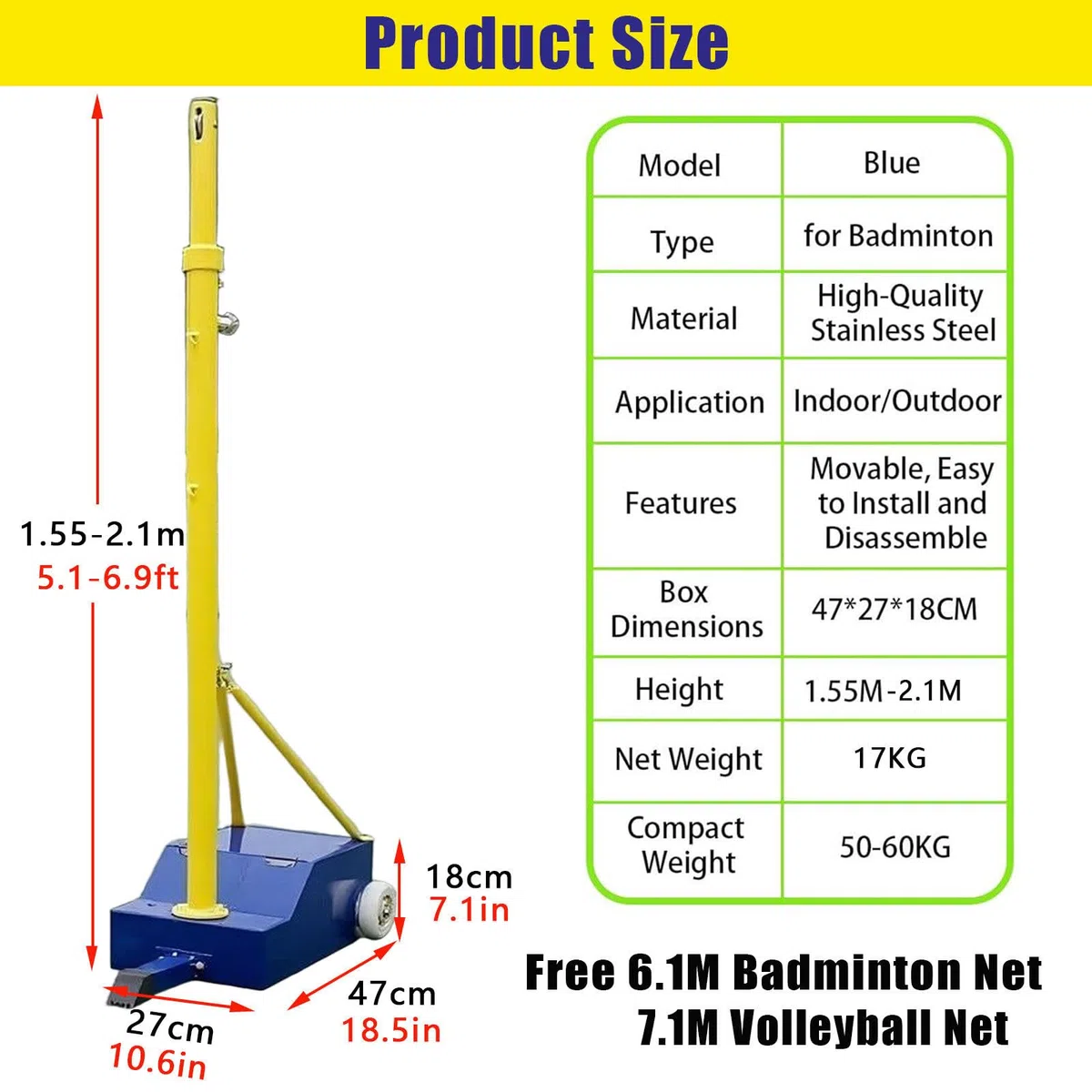 Supporto portatile per sport all'aria aperta con ruote per attrezzatura da allenamento di pallavolo e badminton