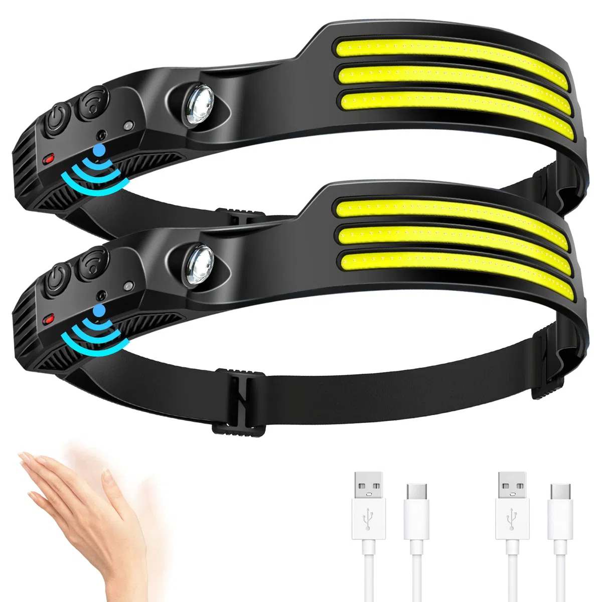 DAWINSIE Torcia Frontale LED (2 Pezzi), Lampada Frontale IPX4 Impermeabile Lampade da Testa USB Ricaricabile Regolabile con Sensore di Movimento per Pesca,Campeggio, Escursioni,Bicicletta