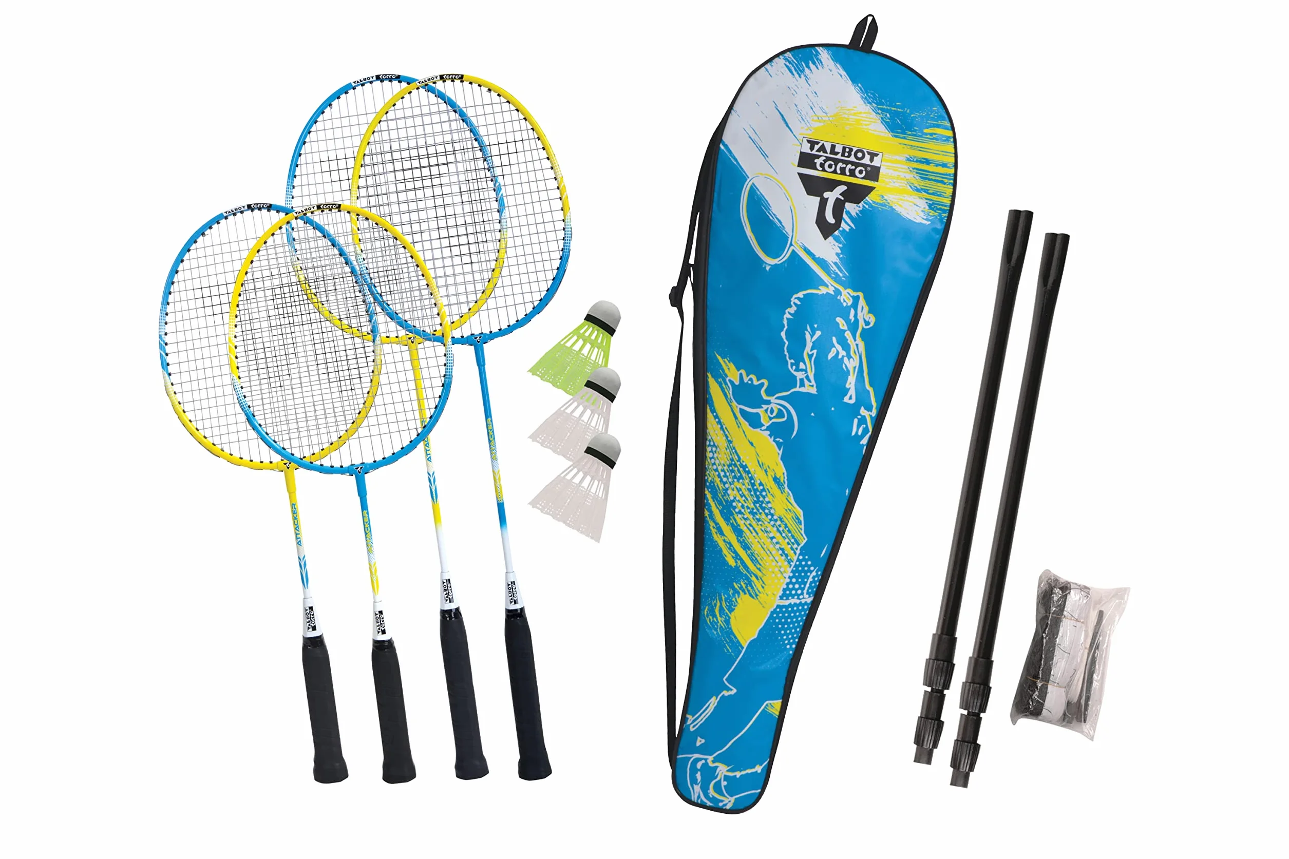 Talbot Torro Set da Badminton Family, 2 Racchette Junior da 53cm, 2 Racchette Standard, 3 volani, Rete Regolabile in Altezza, in Una Borsa di qualità