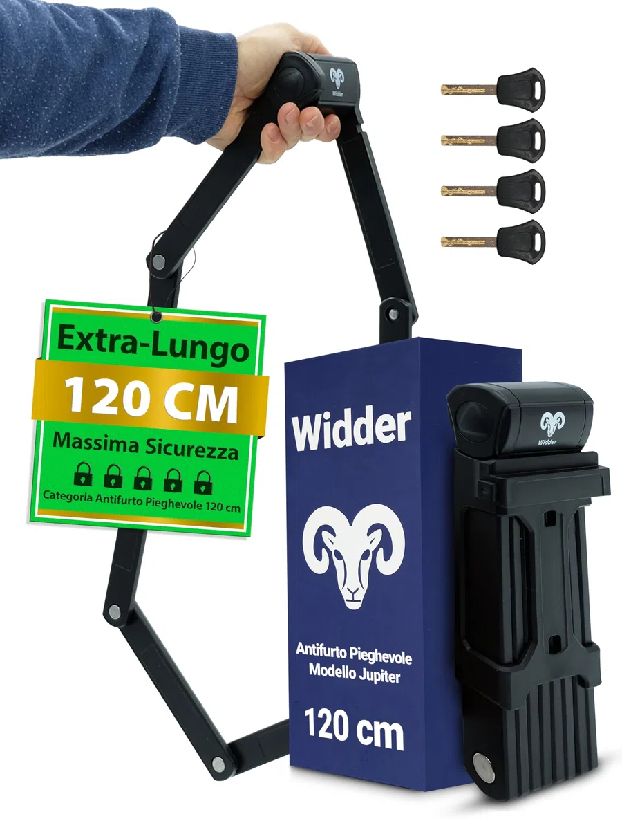 WIDDER Antifurto pieghevole per bici molto sicuro | 120 cm | con 4 chiavi | Lucchetto pieghevole per bicicletta con staffa | ideale come antifurto per e-bike, e-scooter, bici | Bike Lock