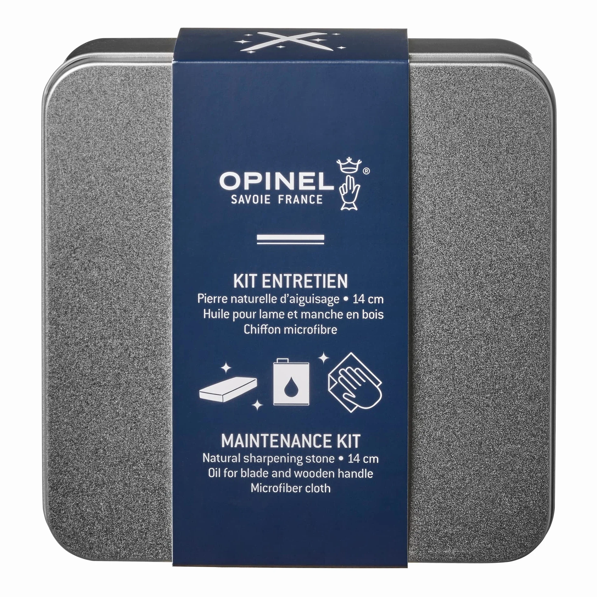 Opinel - Kit di Manutenzione per Coltelli - 1 Scatola di Stoccaggio, 1 Pietra per Affilare Grande, 1 Bottiglia di Olio, 1 Panno in Microfibra di 20 x 20 cm - Garanzia a Vita