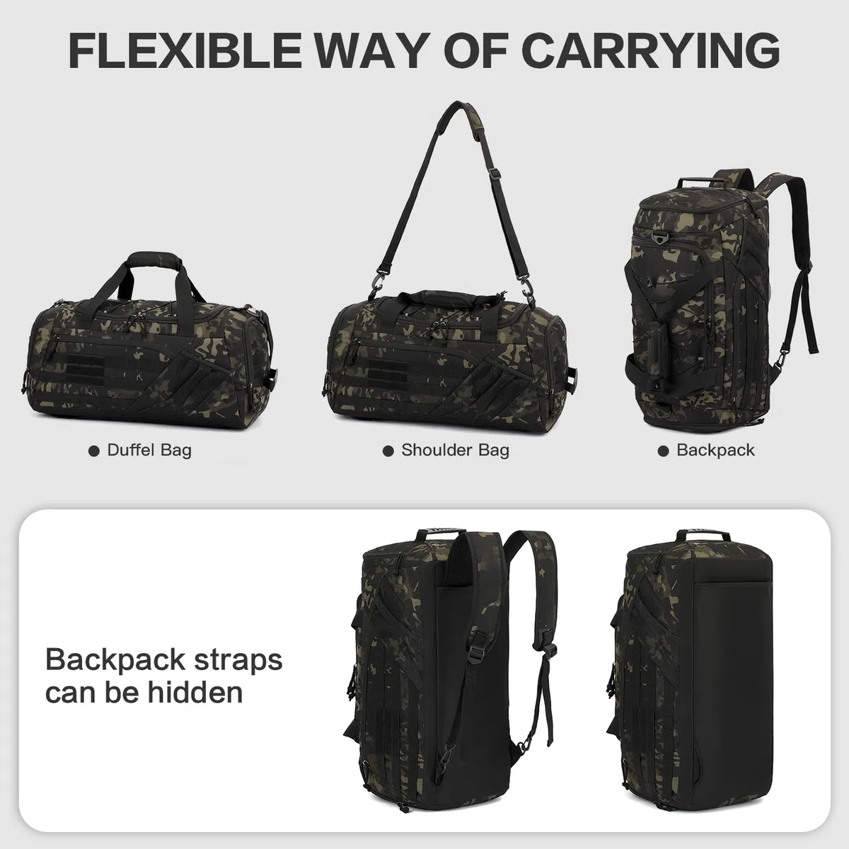 Borsone Palestra Tattica per uomo Donna 45L Borsa Sportiva Impermeabile con Porta Scarpe e Tasca Umida Zaino da Viaggio per Militare Fitness Sport Campeggio, Camo