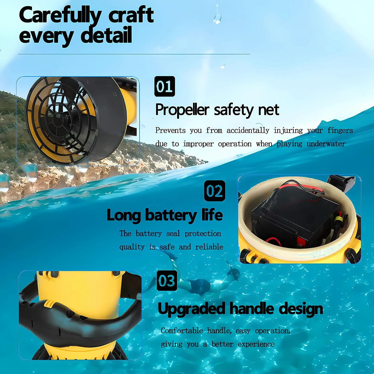 Monopattino subacqueo portatile, motore spazzolato da 500 W, propulsore subacqueo, leggero e facile da trasportare, attrezzatura di propulsione subacquea per spiaggia