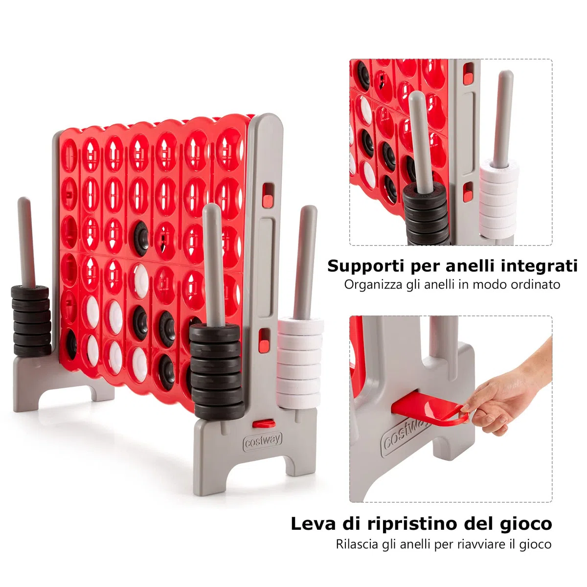 COSTWAY Forza 4 Gigante da Interno ed Esterno, Forza Quattro per Bambini e Adulti con 42 Anelli Giganti e Dispositivo di Scorrimento a Sgancio Rapido, Perfetto per Feste e Vacanze