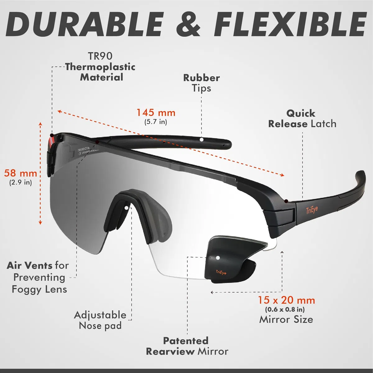 TriEye Occhiali da ciclismo con specchietto retrovisore UV400, fotocromatici 0-3 | Occhiali da sole sportivi per uomo e donna, leggeri, con protezione UV400, fotocromatici 0-3