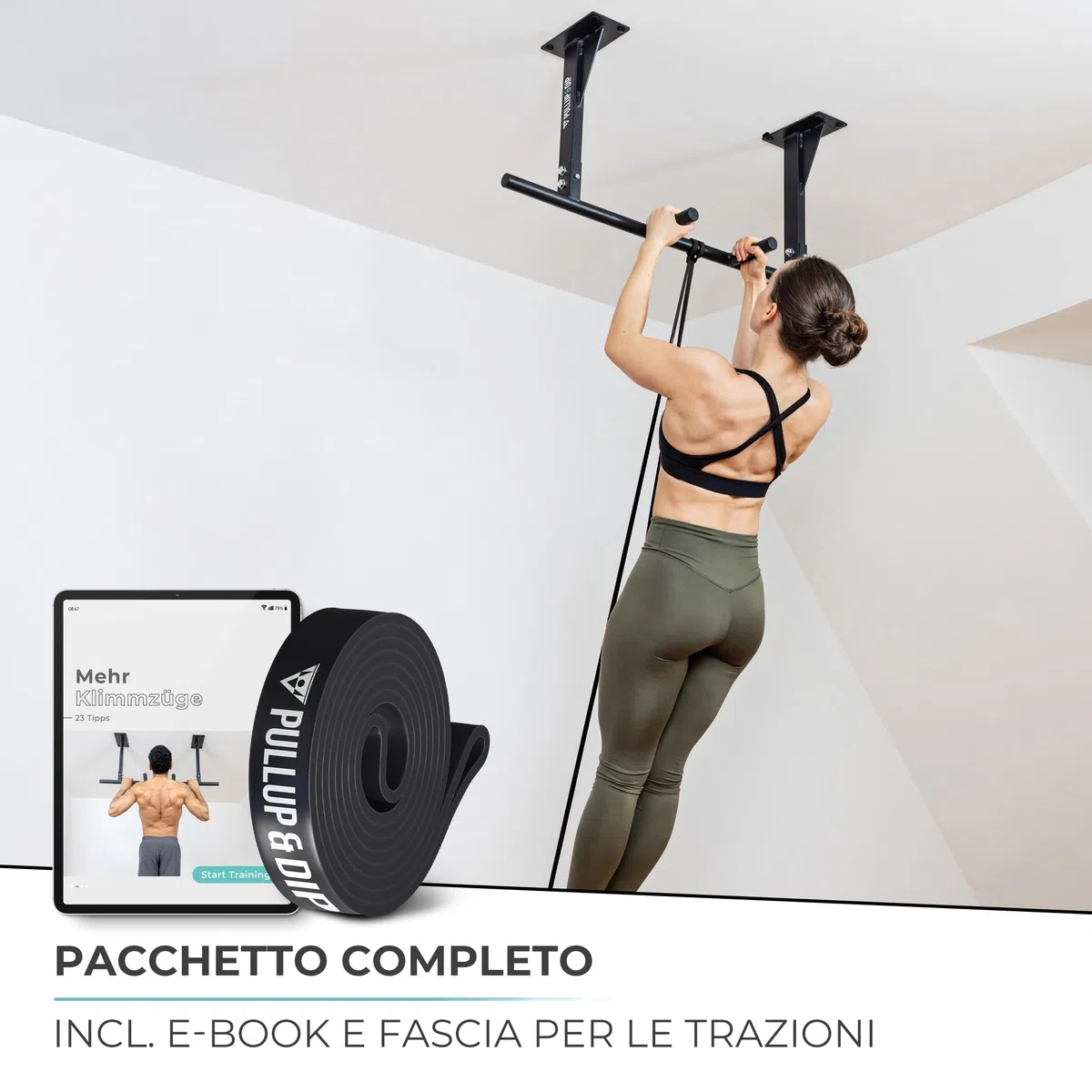 PULLUP & DIP Barra per trazioni da soffitto, portata 180 kg, impugnature antiscivolo a 5 prese per esercizi e pull-up, ideale per palestra domestica