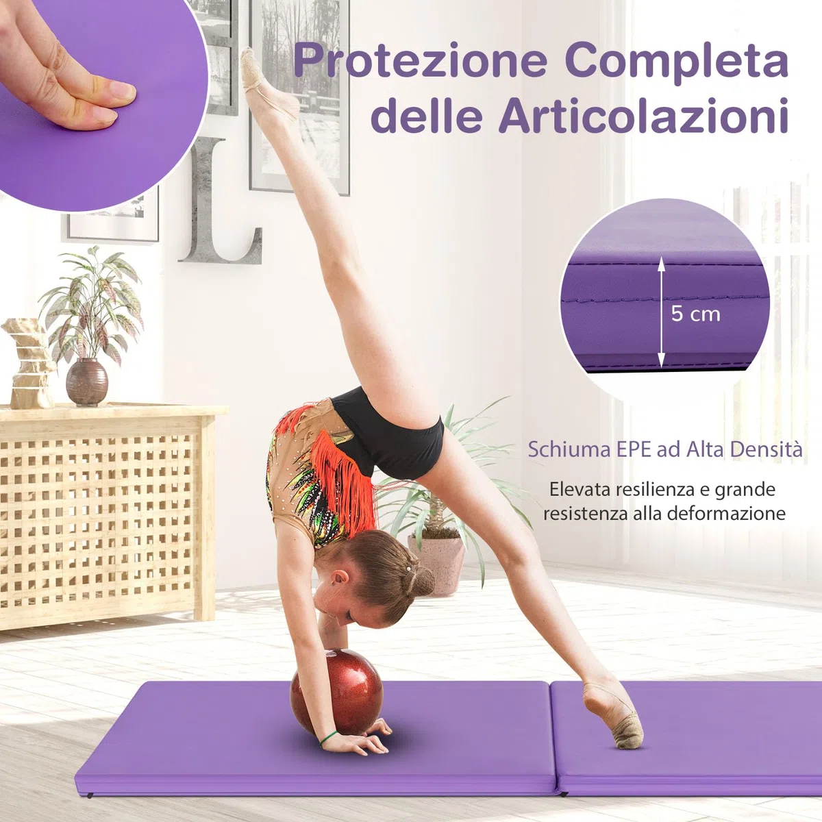 GYMAX Tappetino da Yoga/Fitness Materassino per Ginnastica, Spesso 5 cm, Manico Portatile e Pieghevole, 180 x 60 x 5 cm