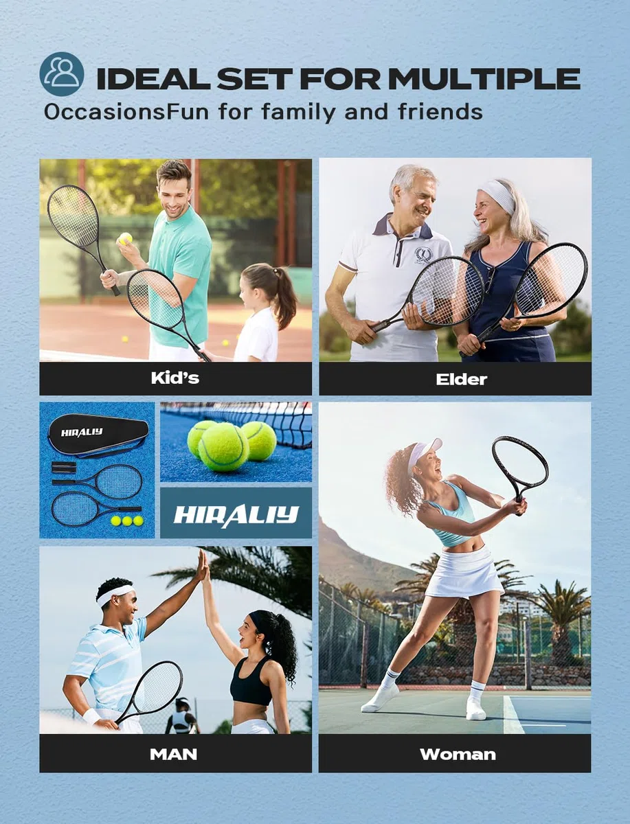 HIRALIY Confezione da 2 racchette da tennis per adulti principianti – Set di racchette da tennis in alluminio leggero da 68 cm, con 3 palline e borsa per il trasporto, smorzamento delle vibrazioni e