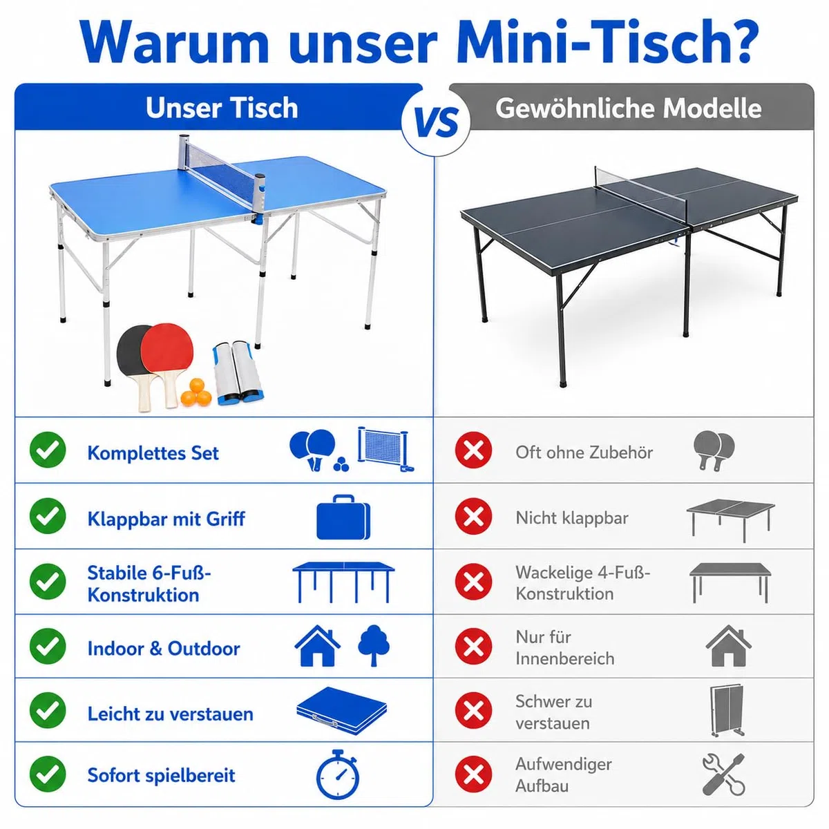 Tavolo da ping pong pieghevole, vassoio da tennis da tavolo interno in lega di alluminio, con rete, 2 racchette e 3 palline incluse, per adulti, bambini, famiglia, tempo libero, sport, 152 x 76 cm