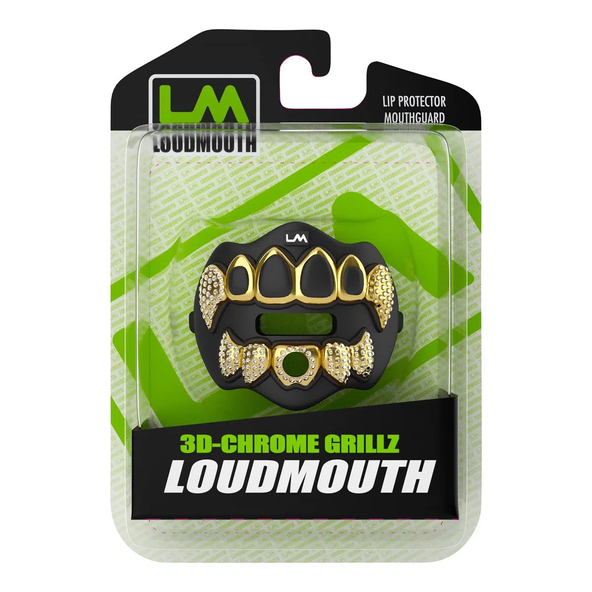 Loud Mouth Paradenti per calcio | 3D Chrome Grillz - Paradenti per adulti e giovani, protezione per labbra e denti (3D Grillz Bling - Cromo Nero/Oro)