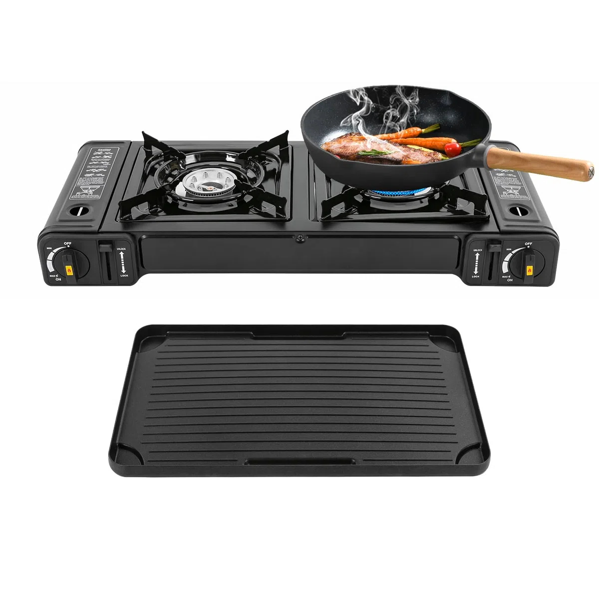 Fornello da Campeggio Doppio Bruciatore, Cucina Portatile con Griglia e Custodia,Fornello a Gas a 2 fuochi, per picnic all'aperto (con piastra grill)