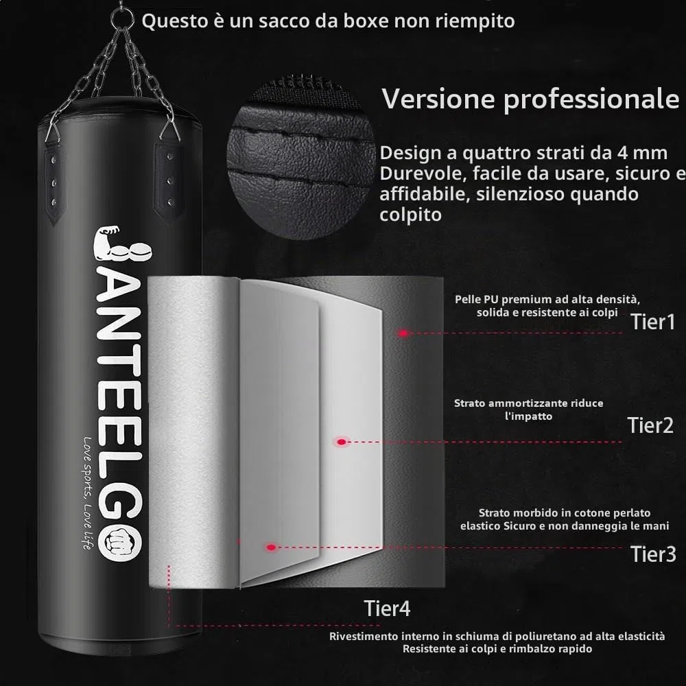 Sacco da boxe sospeso e sacco boxe Non Riempito JanTeelGO 100 cm materiale PU con catena di montaggio e gancio a soffitto per uomo donna adolescente adulti bambino MMA Kickboxing Muay Thai Karate