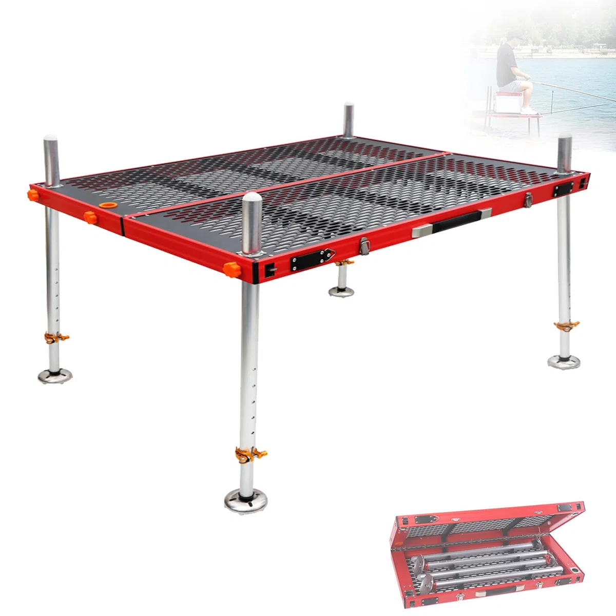Piattaforma da pesca portatile con foro per ombrello, ponte leggero per fiumi e laghi, 90 x 100 cm, gambe da 1,1 m, ideale per attività all'aperto