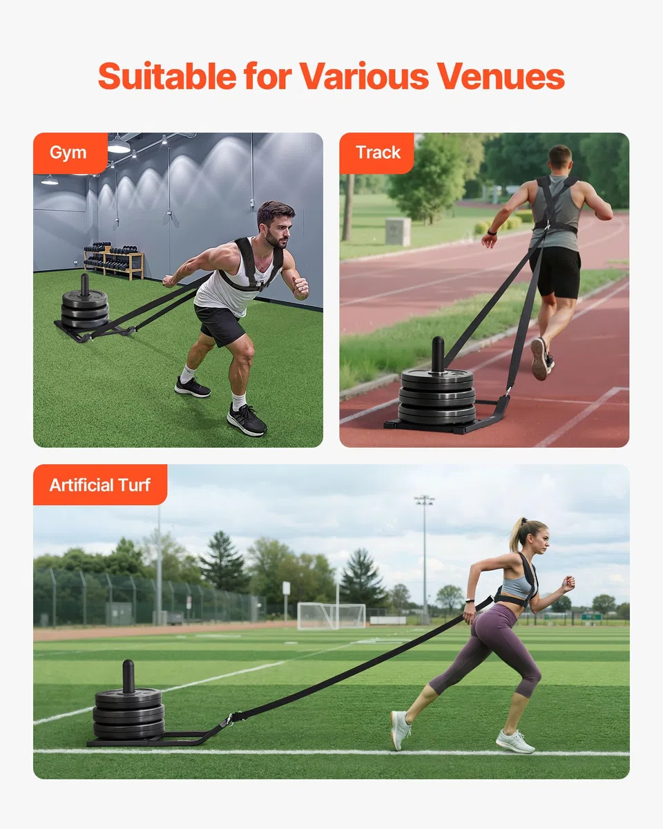 VEVOR Slitta con Pesi in Acciaio, Slitte per Allenamento di Forza e Forza per Esercizi Atletici e Miglioramento della Velocità, Slitta con Imbracatura, Compatibile con Piastre da 25/51 mm, Nero