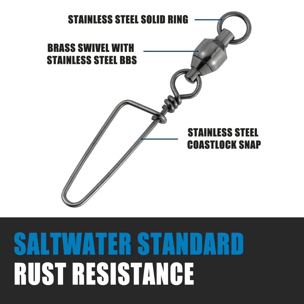 Dr.Fish Confezione da 50 girelle a scatto con cuscinetto a sfera per pesca in acqua salata, attrezzatura da pesca Coastlock, clip a scatto per gru a barile, girelle terminali da 45,4 kg