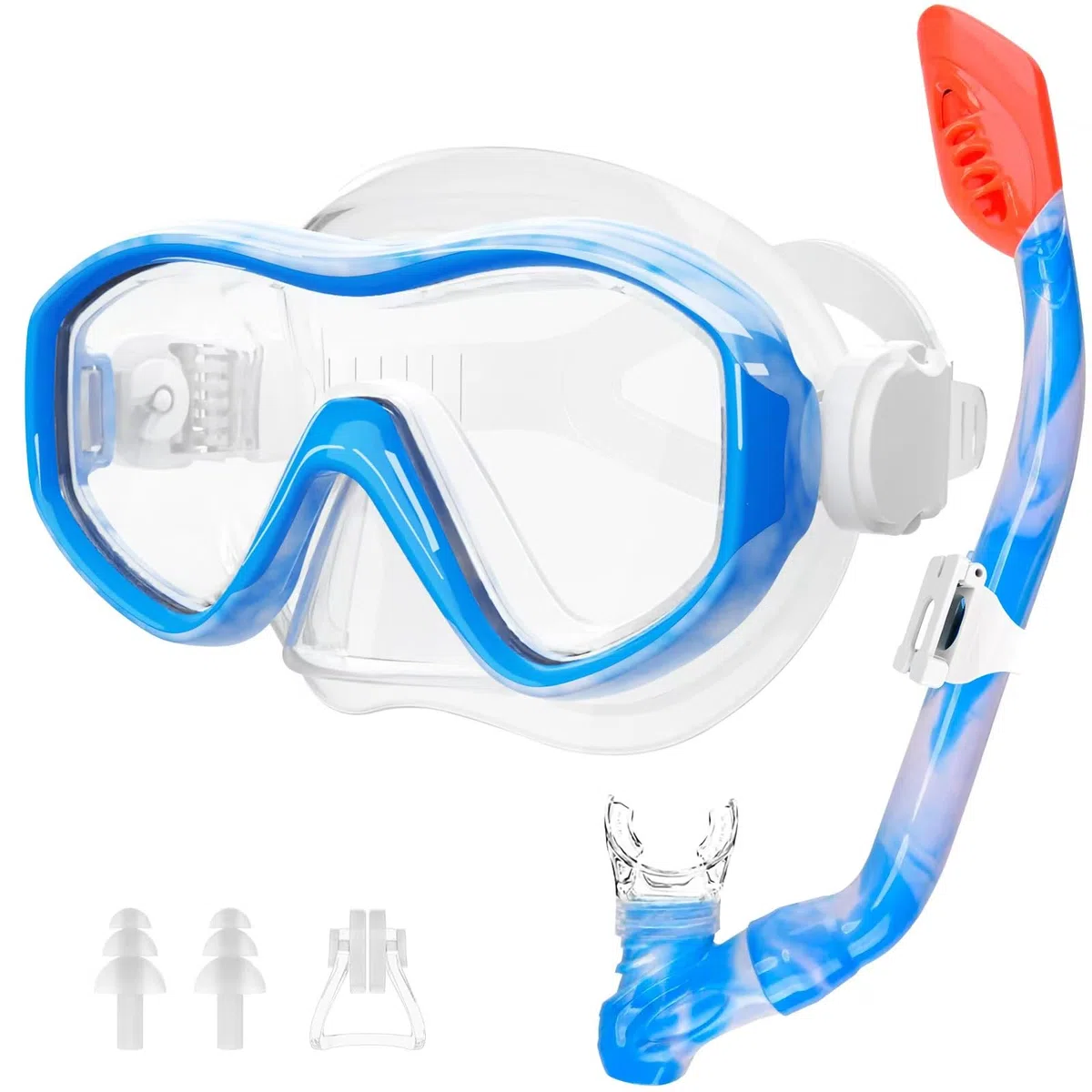 Set da snorkeling per bambini dai 5 ai 15 anni, con maschera e boccaglio, occhialini da nuoto con copertura per il naso, per bambini, ragazzi e ragazze (blu + blu)