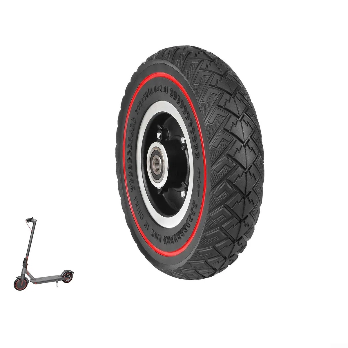Ruota per scooter 200x50, 200 x 50 cm, linea rossa | Pneumatico solido 200x50, modello ad ala rossa, cerchio in lega, resistente alle forature, guida fuoristrada liscia