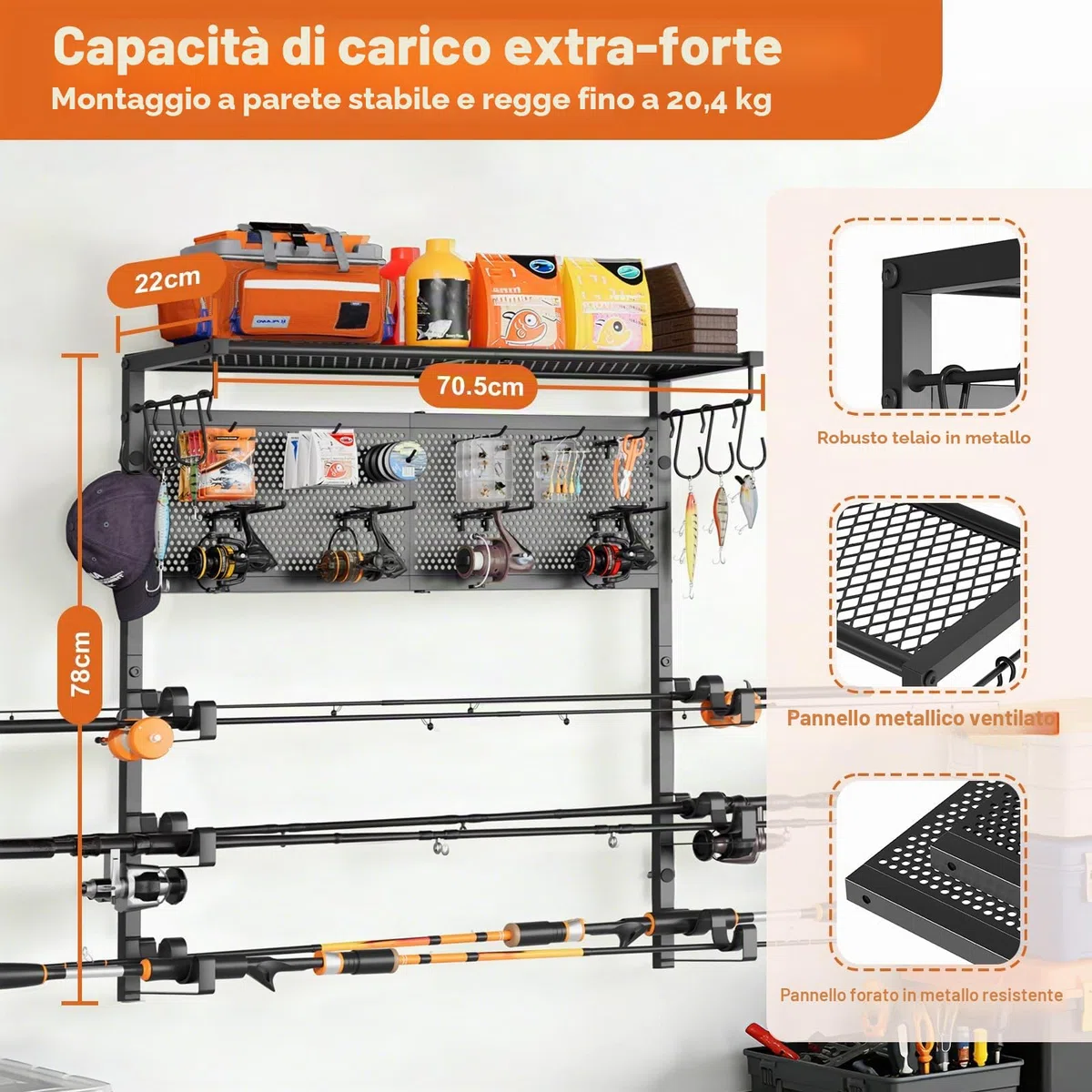 Bikoney Portacanne da Pesca Parete per Garage, Supporto Orizzontale per 6 Canne con Pannello Forato e Ganci, Rastrelliera Porta Canne Salvaspazio, Regalo per Pescatori Uomo Papà