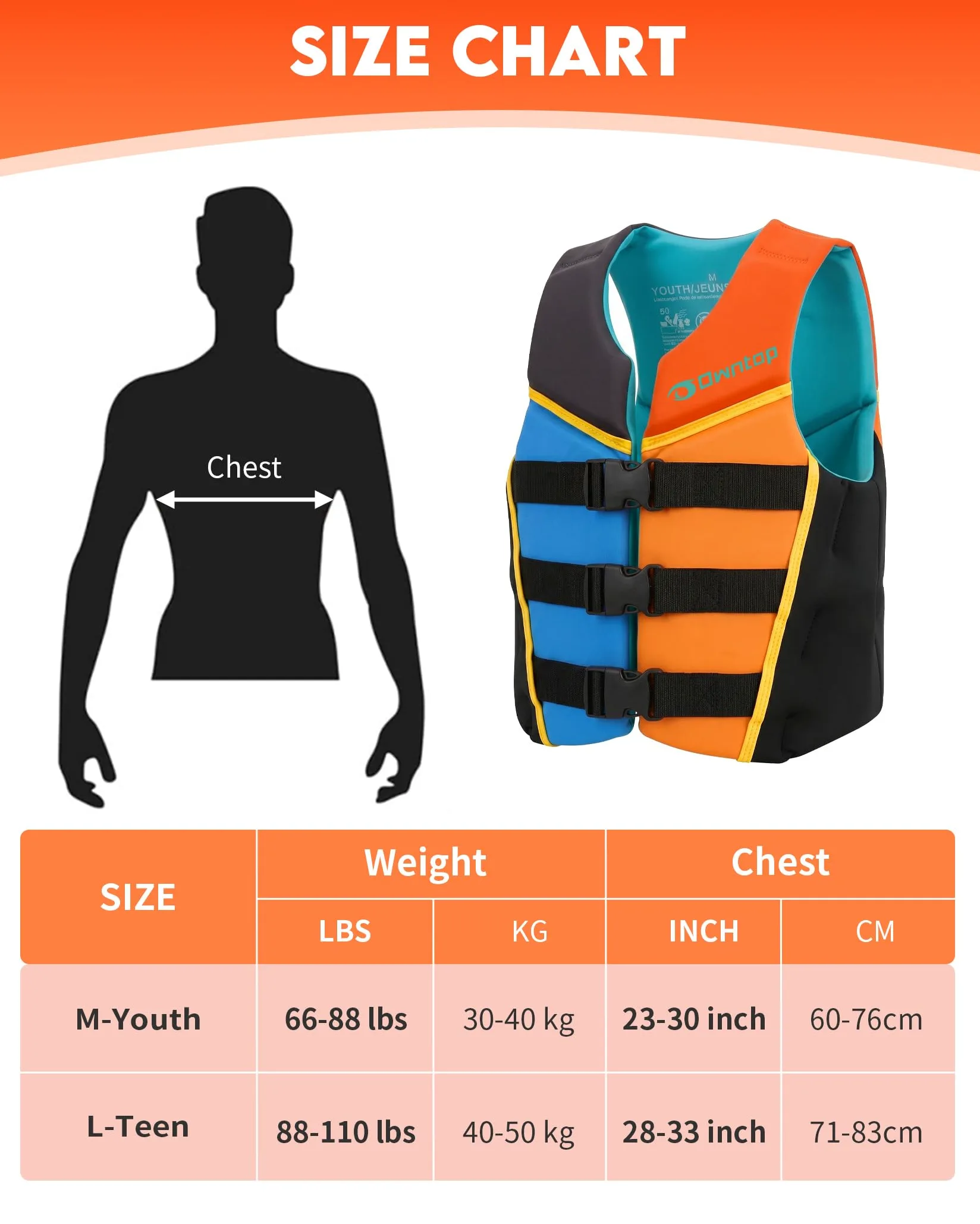 Owntop Gilet da Nuoto Junio, Aiuto al Galleggiamento in Neoprene per Ragazzi e Bambini con Tre Cinghie di Sicurezza Regolabili, Gilet Galleggiante Leggero per Kayak, Barca e PaddleMulticoloreL