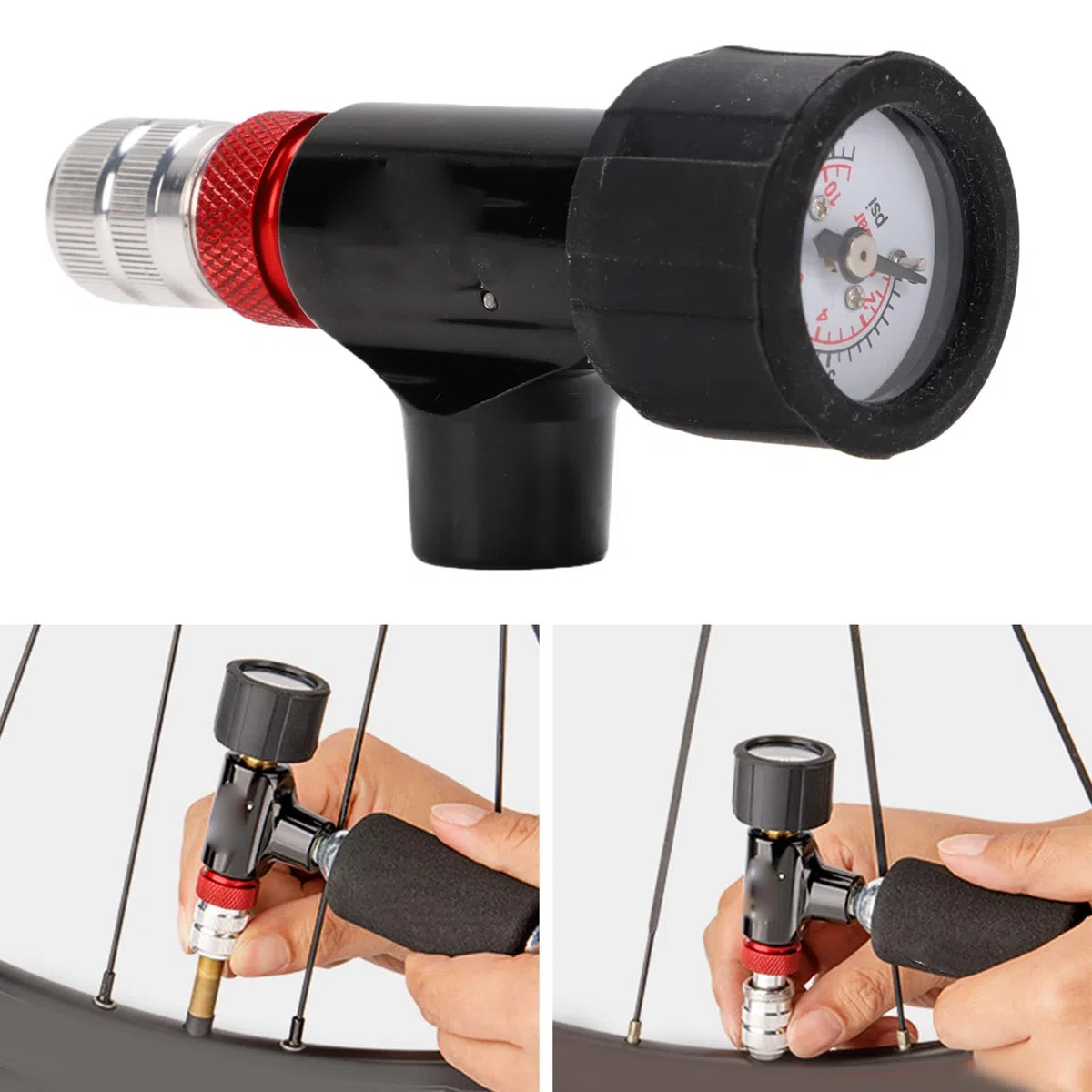 VGEBY Pompa ad aria portatile per bicicletta con manometro e valvola di controllo per valvola, compatibile con cartucce di CO2 da 12 G, 16 G
