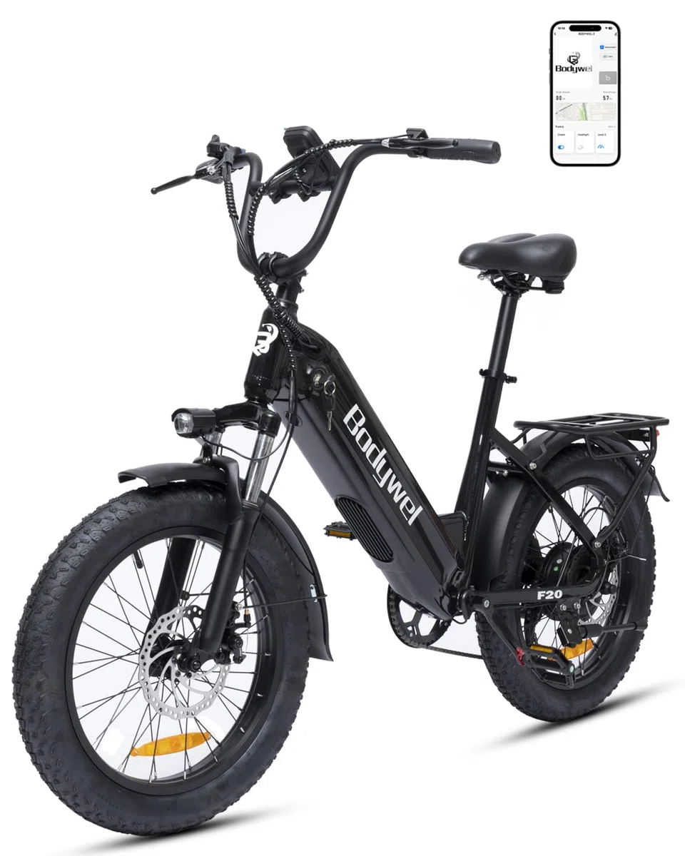 Bodywel F20 E-Bike Adulto 48V 15Ah Batteria 250W Motore 25 km/h, Bici Elettrica Fatbike 20 Pollici per Uomo e Donna, 7 Velocità, Display Smart APP, Freni a Disco 180mm, Portapacchi