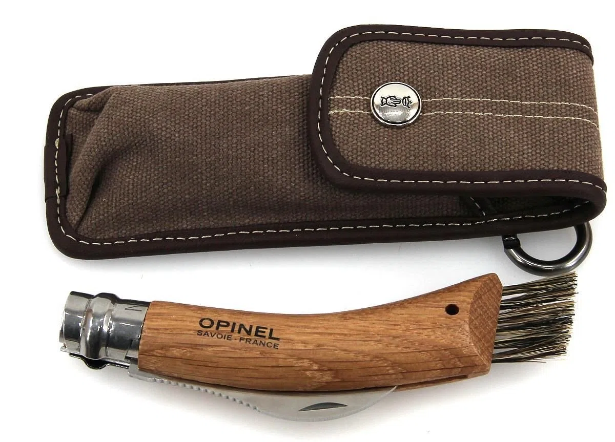 Opinel 254148 - Coltello per Funghi, Acciaio Inox, Legno di Quercia, Custodia in Pelle, Scatola in Legno