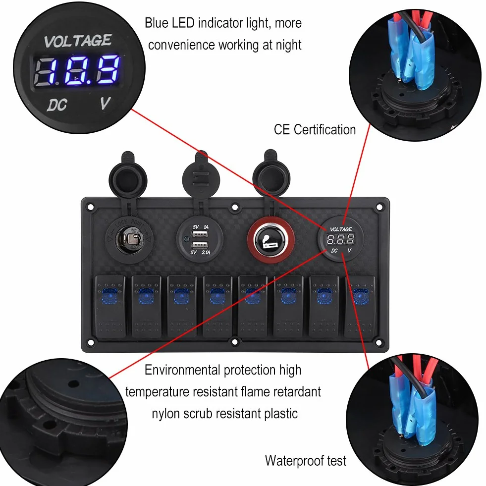 Interruttore a bilanciere 12V 24V 8 Gear Car Boat Impermeabile Interruttore a bilanciere a led Pannello di controllo Doppio voltmetro USB Accendisigari + panel interruptor