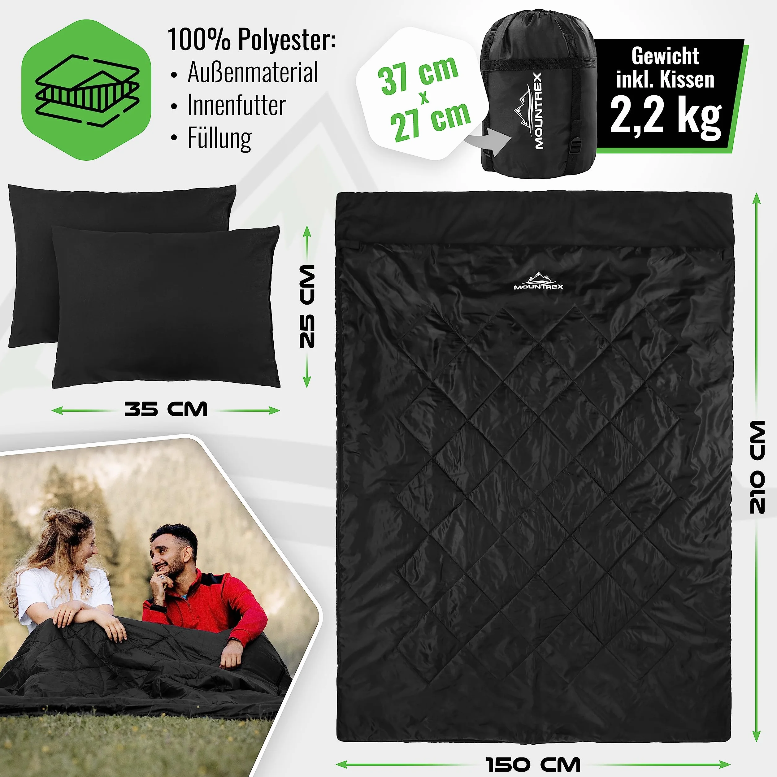 MOUNTREX Sacco a pelo doppio – Sacco nanna estivo per 2 persone (210 x 150 cm), sacco a pelo estivo XXL con 2 cuscini per adulti, campeggio, attività all'aperto e per interni