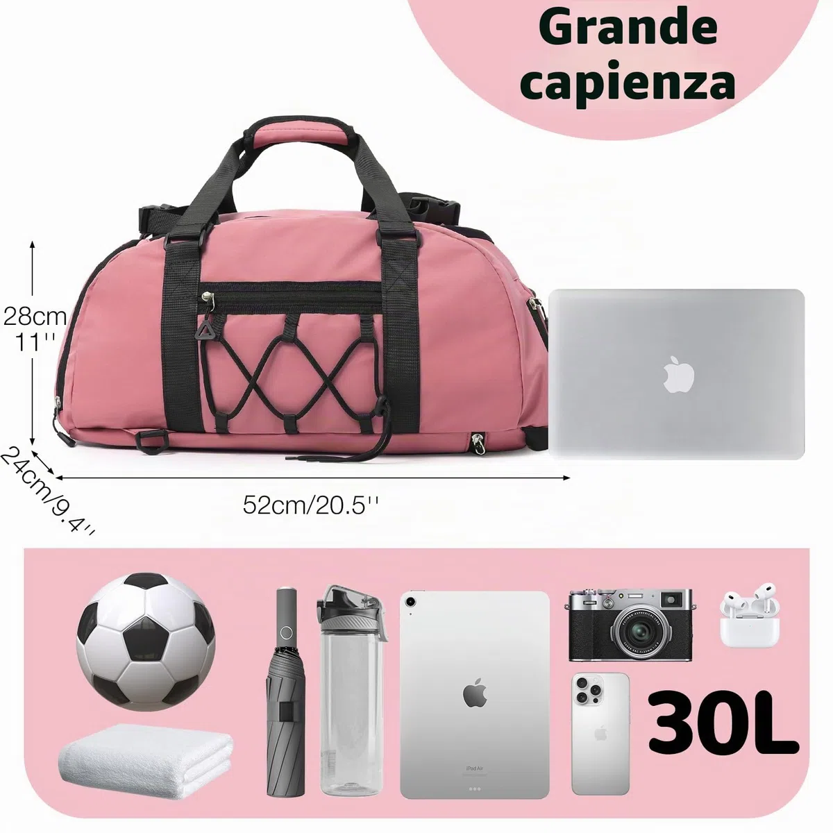 Borsone Palestra Impermeabili da 30L per Donna, con Porta Scarpe e Tasca Umida, Borse Sportive Leggere, Borsa da Viaggio Multitasca per Weekender, Adatto per Nuoto Yoga Basket, Rosa