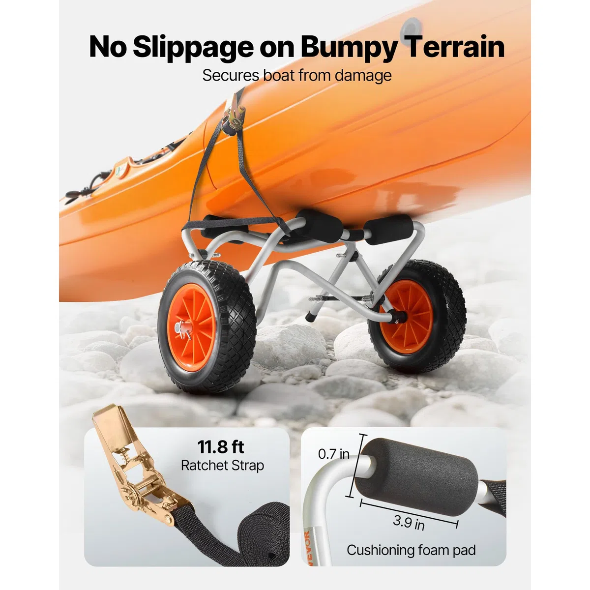 VEVOR Carrello Pieghevole per Kayak, capacità 113,4 kg, con Pneumatici in PU Piena da 400 mm e 1 Cinghia a Cricchetto, Carrello per Paddle Board per Il Trasporto di Kayak, Canoe, Paddleboard