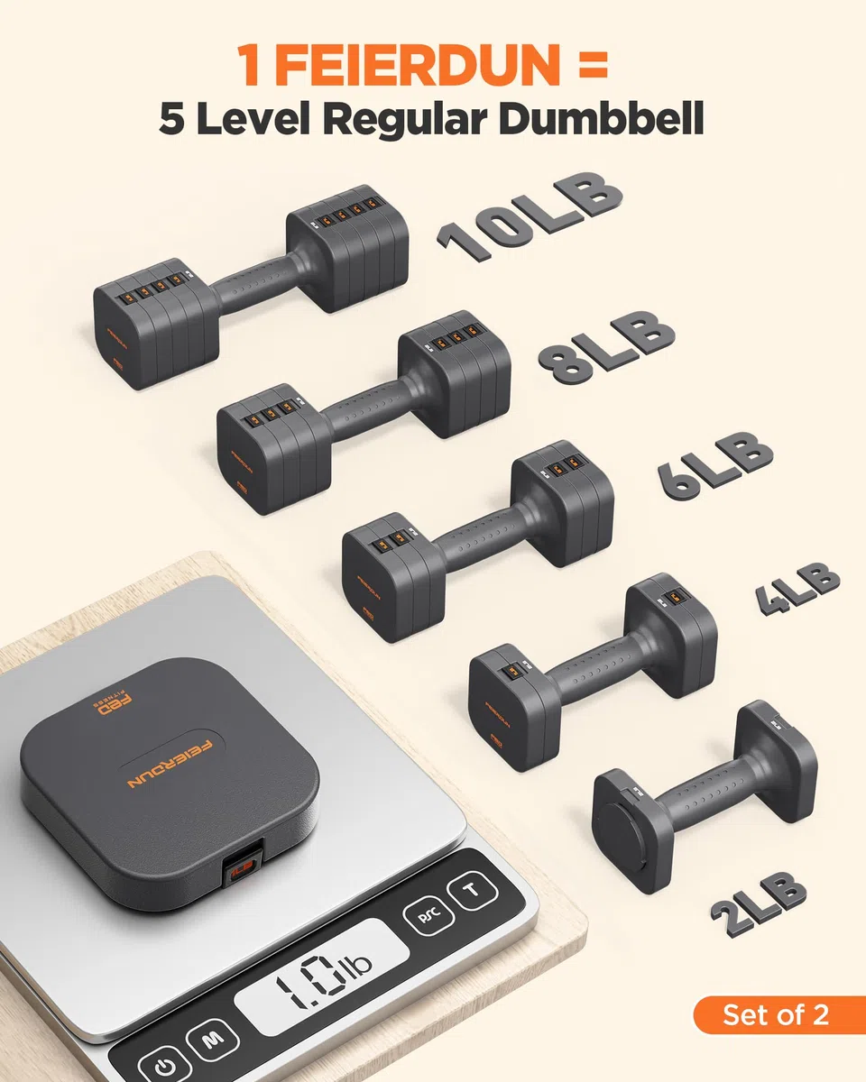 FEIERDUN Set di 2 manubri regolabili 5 in 1, pesi da 9,1 kg/4,5 kg, per donne, 1s, set di manubri a doppia stabilità, per casa, palestra e attività all'aperto