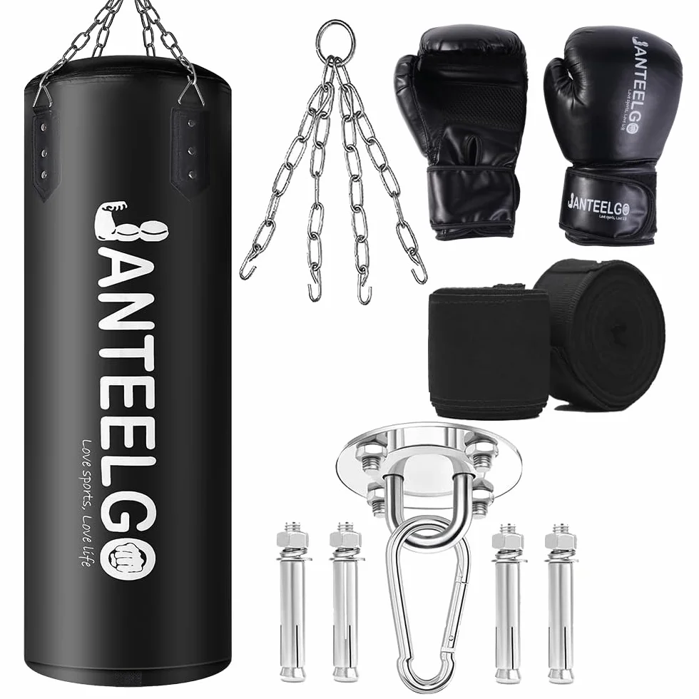 Sacco da boxe sospeso e sacco boxe Non Riempito JanTeelGO 100 cm materiale PU con catena di montaggio e gancio a soffitto per uomo donna adolescente adulti bambino MMA Kickboxing Muay Thai Karate