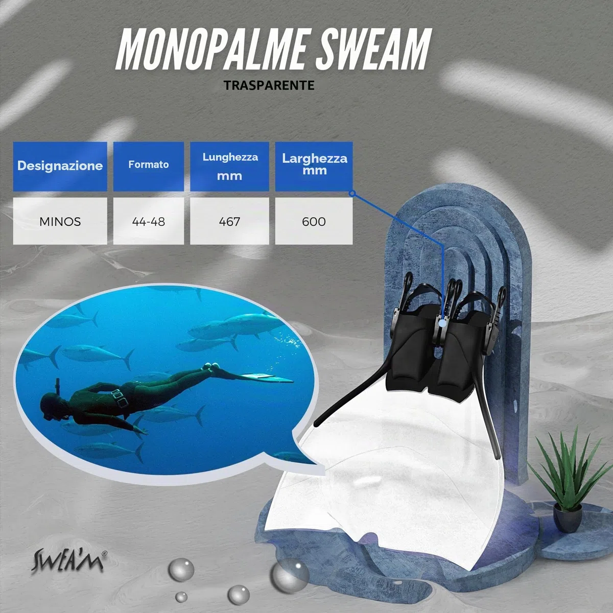 Sweam - Monopinna Regolabile, Colore: Trasparente 44 - 48