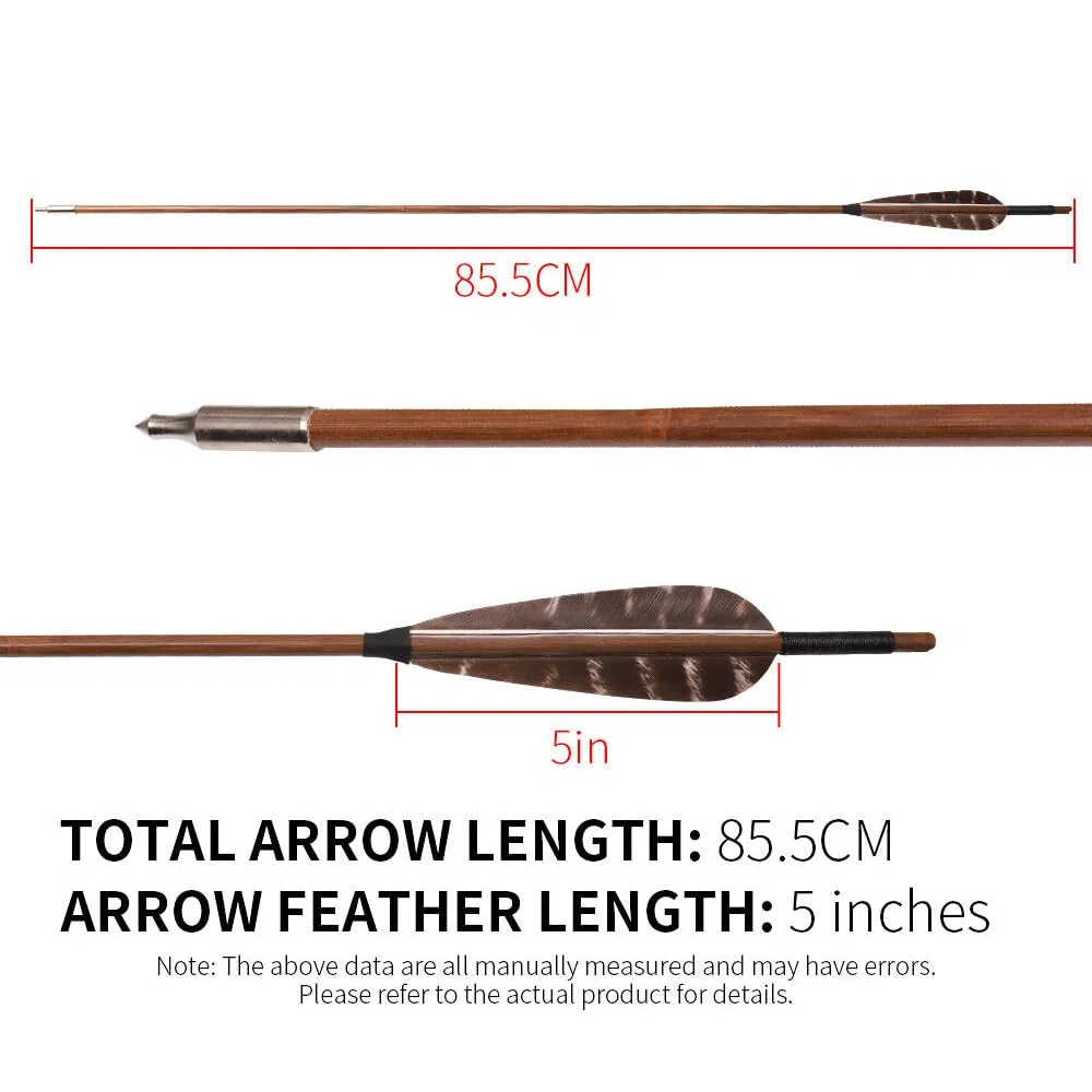 12 pz Frecce di bambù 33” Lunghezza Albero OD 7mm 8mm 5" Piuma di Tacchino Freccia de 2 Vane per Arco Ricurvo Tradizionale Arco Lungo Caccia Pratica di Tiro con L'Arco