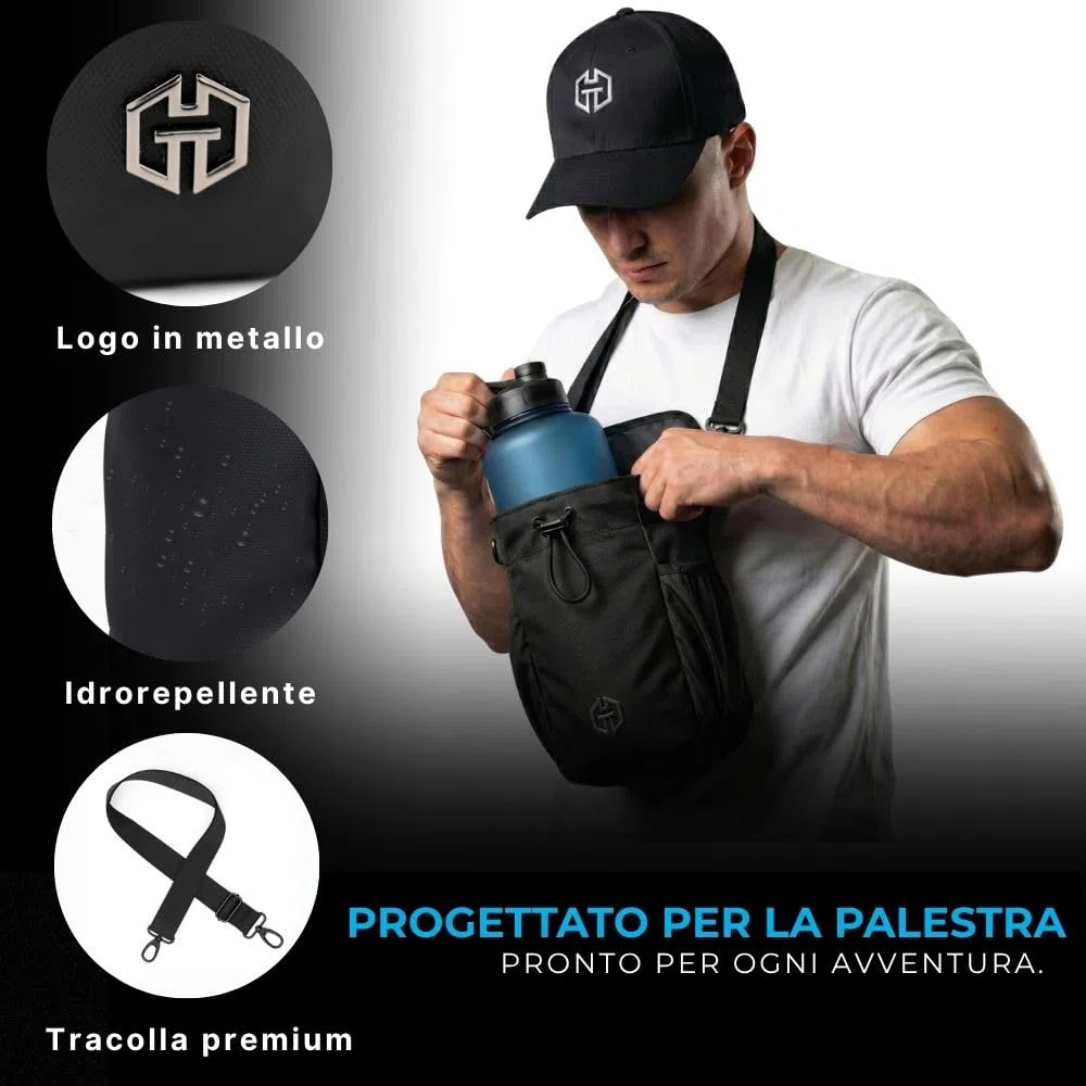 Borsa sportiva magnetica con portabottiglie da 1,5 l, portaborraccia, cellulare e accessori per allenamento, sport e uso quotidiano