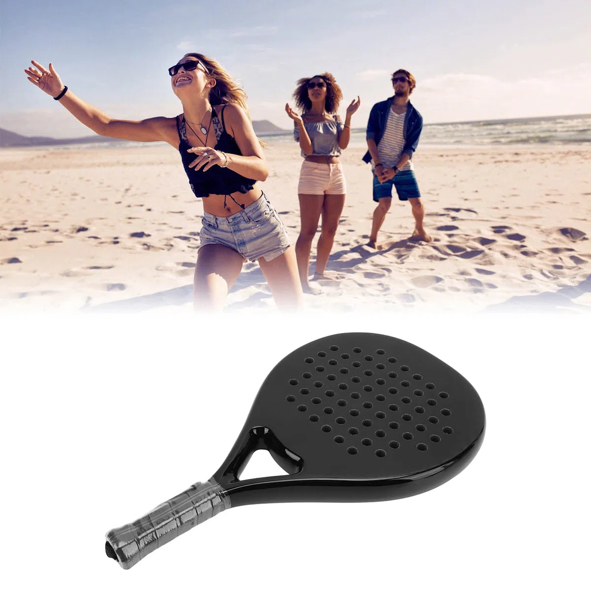 Jectse Racchetta da Beach Tennis, Racchetta da Beach Tennis Nera Interamente in Fibra di Carbonio con Nucleo in Memory Foam EVA e Cinturino da Polso