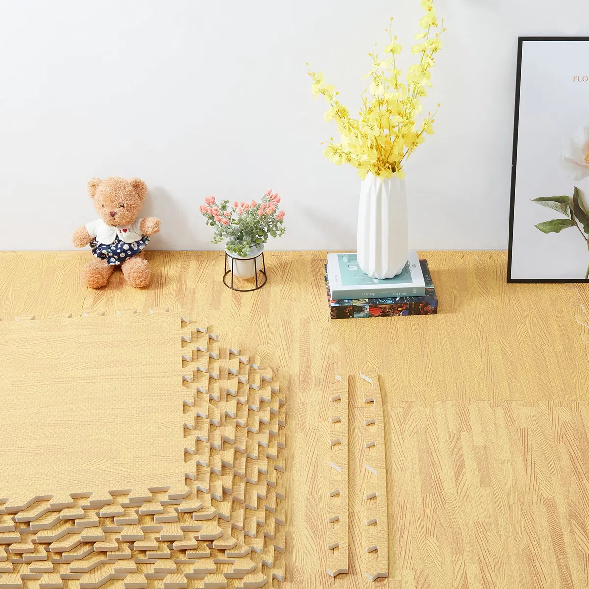 Tappeto per palestra pavimento puzzle: 24 pezzi tappetino incastro 60x60cm tappetini ginnastica fitness casa tatami bambini gioco esercizi legno effetto schiuma eva morbido quadrato interno, Giallo