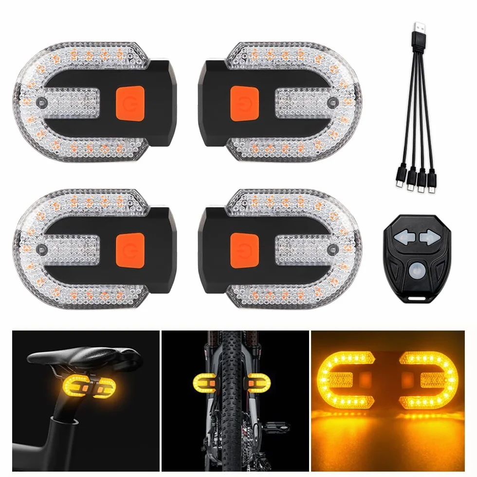 Indicatore di direzione per bicicletta, 5 modalità di illuminazione Telecomando USB ricaricabile fanalini posteriori per bicicletta stroboscopiche impermeabili con allarme (Rosso e Giallo)